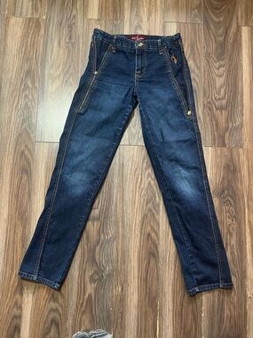 Dark Wash Zipper-Front Jeans with Embroidered Logo